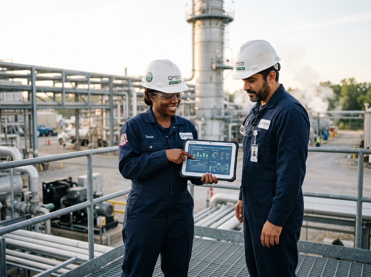 Engineers reviewing project data at an industrial energy facility